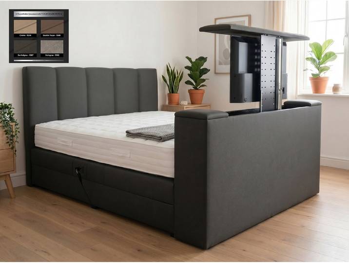 PAARA Boxspringbett Chicago elektrisch verstellbar mit Motor + TV Lift, mit einzigartigem Belüftungssystem