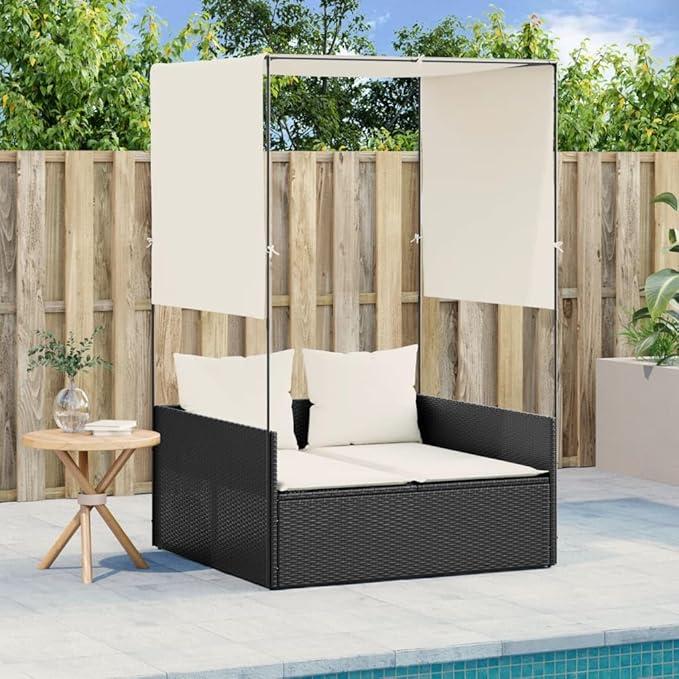 Doppel-Sonnenliege Gartenliege mit Dach und Vorhängen Schwarz Poly-Rattan, wetterfest, verstellbar mit Polster, ergonomisch, klappbar, ideal für Terrasse Balkon Outdoor Entspannung