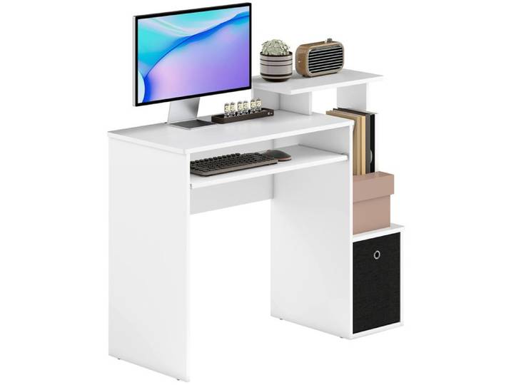 Bureau informatique blanc et noir avec étagères ouvertes tablette clavier et grand rangement pour bureau ou maison