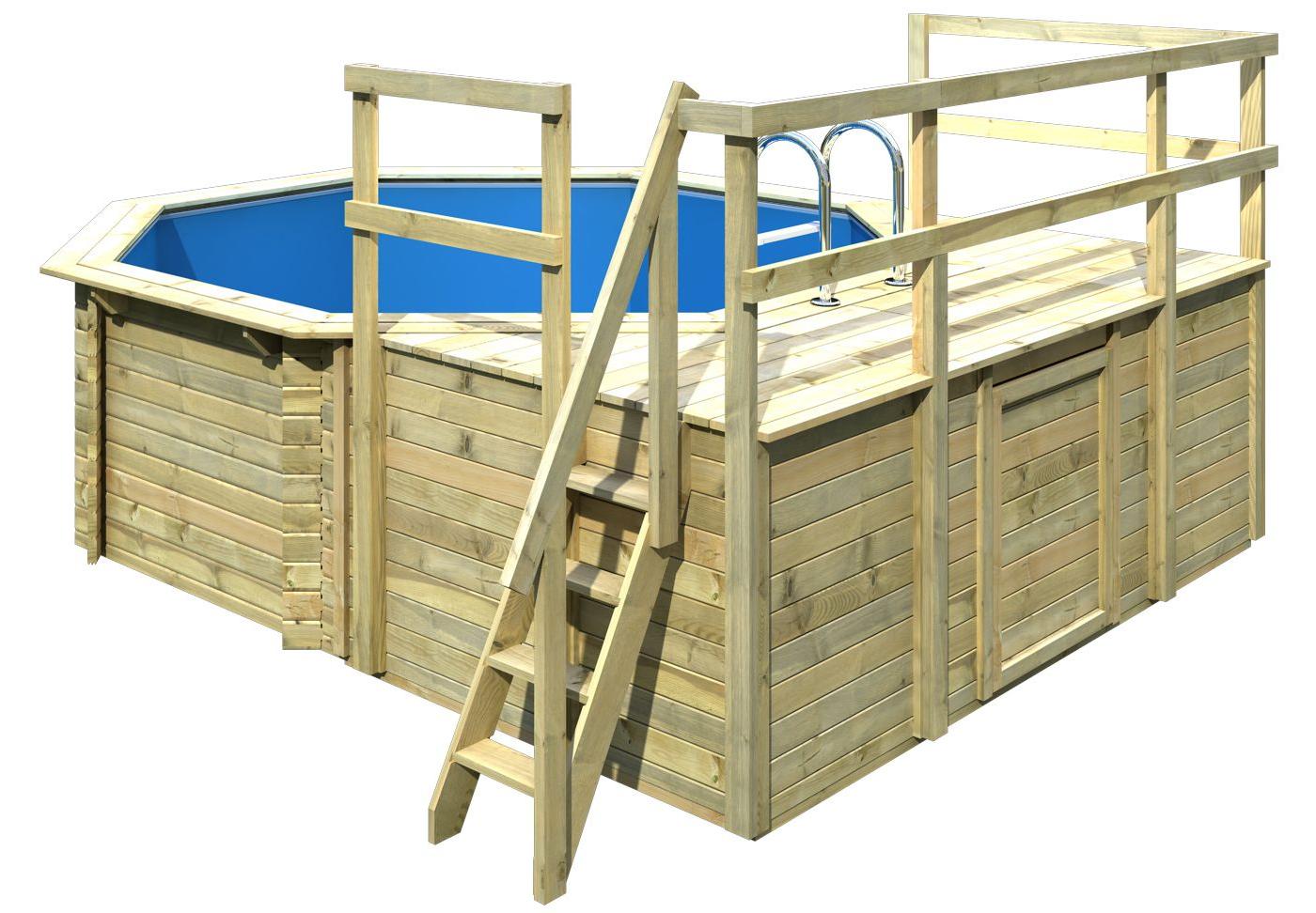 Aufstellpool Holzpool-Set Karibu Classic 1D rund Ø 400x124 cm inkl. Leiter, Bodenschutzvlies, Sonnendeck & 2 Flügel Holz
