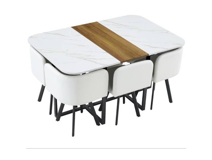 VLIVRA Ensemble Table Extensible avec Rangement et 4 Chaises - 4 à 6 Personnes - MDF Métal et PU - Blanc