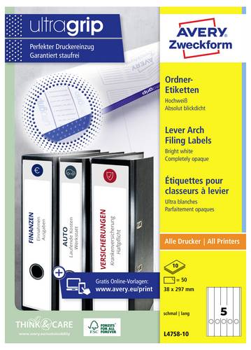 Avery-Zweckform Ordner-Etiketten L4758-10 38 x 297mm Papier Weiß Permanent haftend 50St.