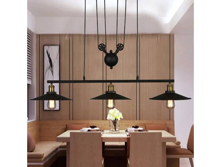 Lampes suspendues vintage industrielles noires à 3 têtes, 110-240V, en fer, avec poulie, pour bar, éclairage intérieur, luminaires E27