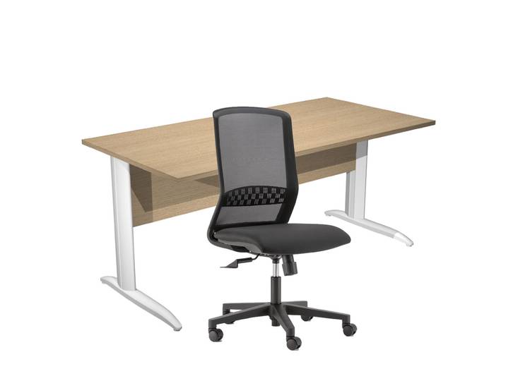 Pack Bureau droit Pronto Métal - L.160 x P.80 cm - Plateau Chêne - Pieds L Blanc + siège Tekna Tissu Noir
