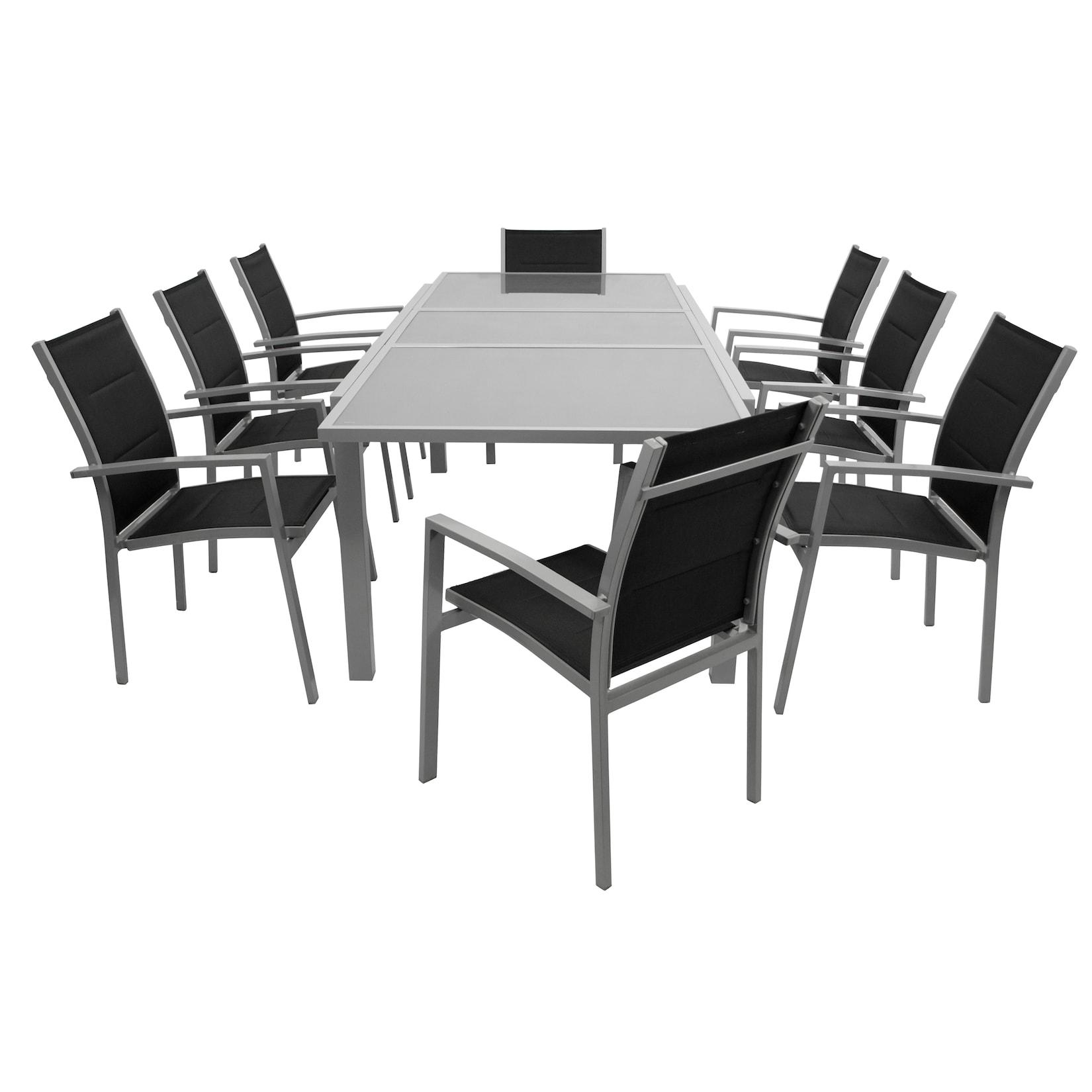 Garnitur PISA 9-teilig, Aluminium silbergrau + Glas + Kunstgewebe schwarz