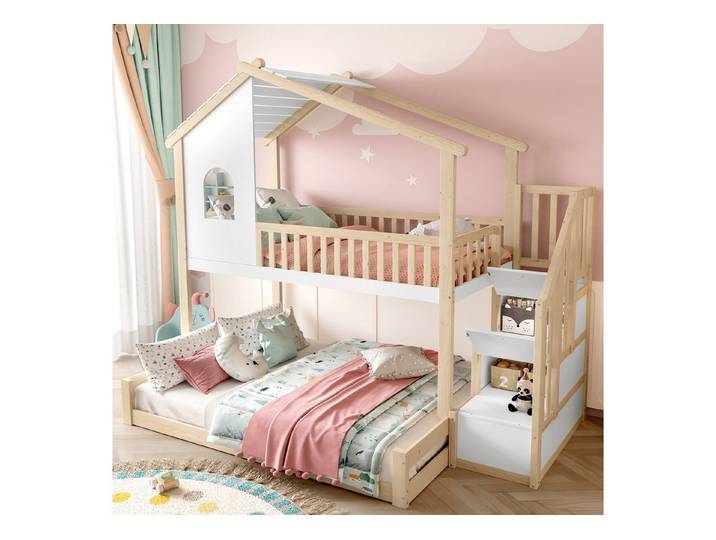 HAUSS SPOLE Etagenbett 90/140 x 200cm mit Bettgitter, Stauraumleiter, Fenster, Natur+ Weiß (mit Stauraumleiter, Fenster & Bettgitter, Platzsparend, Holzbett mit fantasievollem Design & hohem Komfort, Funktionsbett im Blockhausstil, 90x200cm+140x200cm)