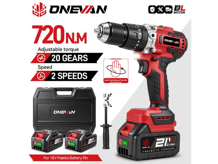 Perceuse à percussion électrique sans fil ONEVAN 720NM 13MM, visseuse électrique sans fil 20+3 vitesses, outil électrique compatible avec batterie Makita 18V.