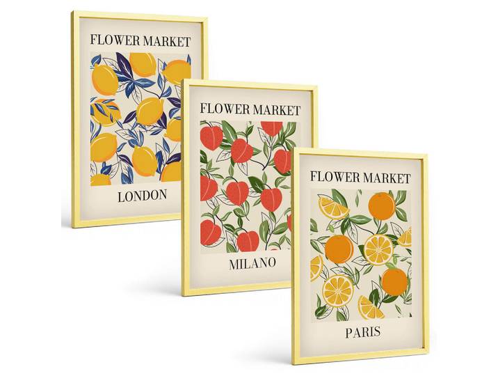 Tulup Bilder SET 3er Set - 40x60 cm Goldrahmen - Blumenplakate in Städten, Goldfarben, Kunststoff, Rechteckig, 40x60 cm, Fotografie, Bilder & Rahmen, Bilder