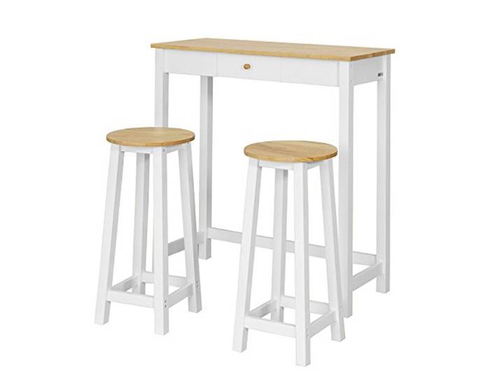 SoBuy Essgruppe 3-teilig, Bartisch & 2 Hocker, platzsparend, 95x107x40cm Esstisch Set mit Schublade, Haken, Tisch 50 kg/Hocker je 90 kg Tragkraft, Gummibaum/MDF, Küche & Esszimmer & Balkon, FWT50-WN