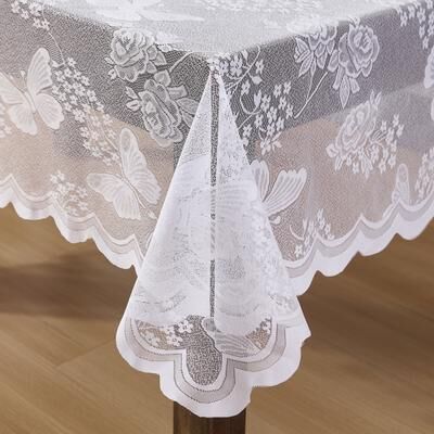 HLC.ME Butterfly Floral Lace Fabric Tablecloth, Wrinkle Resistant Table Cloth Round or Square Tables, Patterned Scalloped
