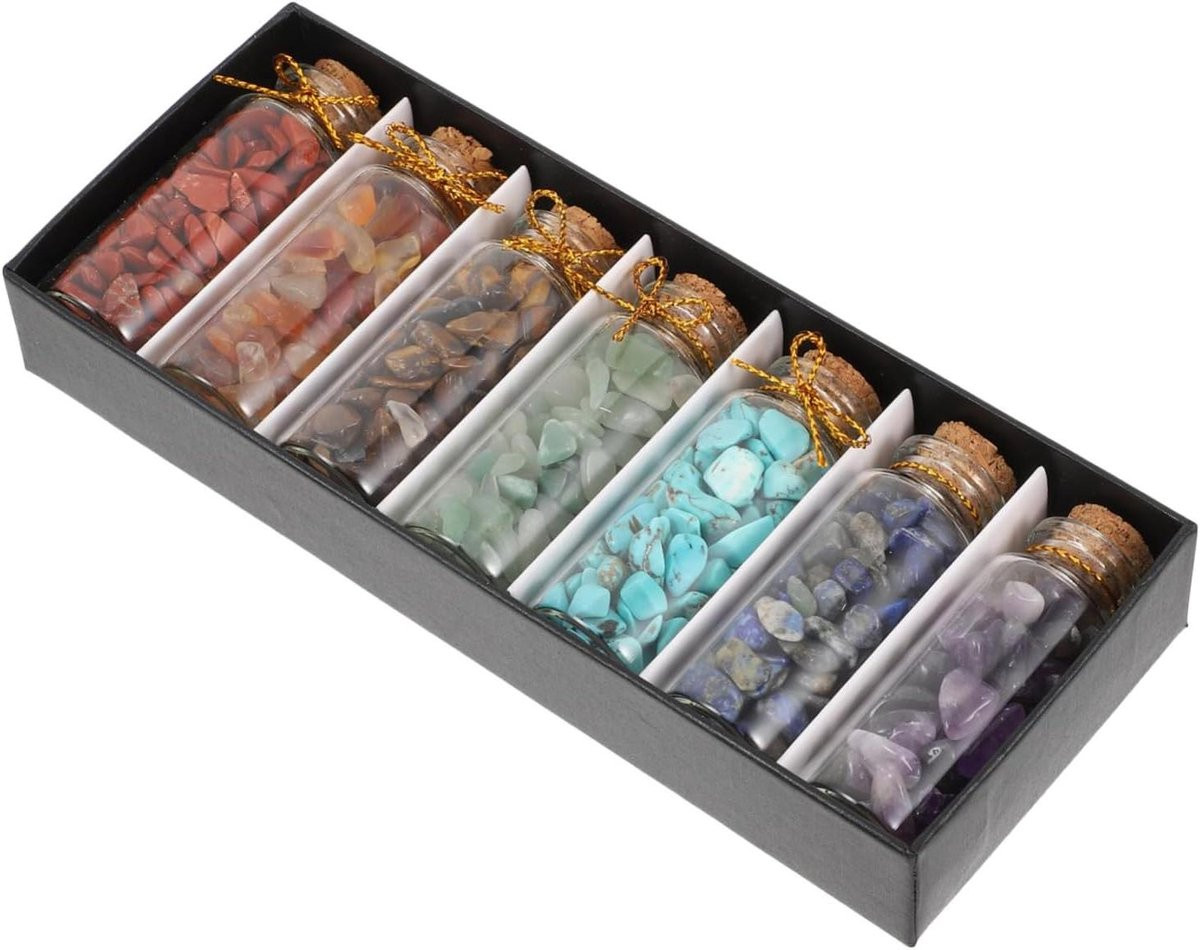 Set van 7 glazen wensflesjes met kristallen in diverse kleuren voor decoratie