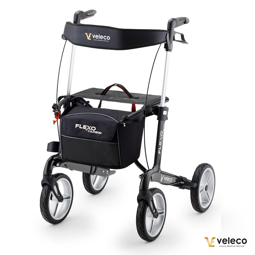 Rollator Veleco FLEXO CARBON - Ultraleicht und Modern - Faltbar - Mit Sitz und Bremsen