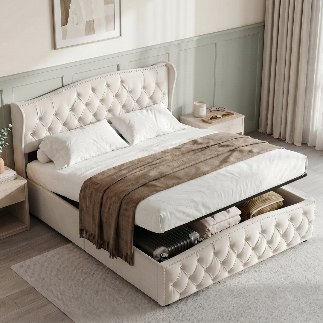 17 Stories Lift Up Storage Bed Beige Double (4'6)
