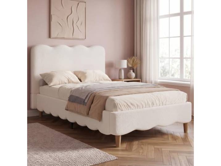 Merax Polsterbett Einzelbett Kinderbett 90x200 cm mit eingebetteter Matratzenkonstruktion, Bouclé-Bezug & Massivholzbeinen – Weiß (Ohne Matratze)