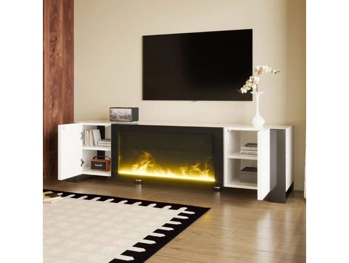 Meuble TV meuble bas avec cheminée électrique à effet flamme sans chauffage finition brillante meuble TV de couleur assortie