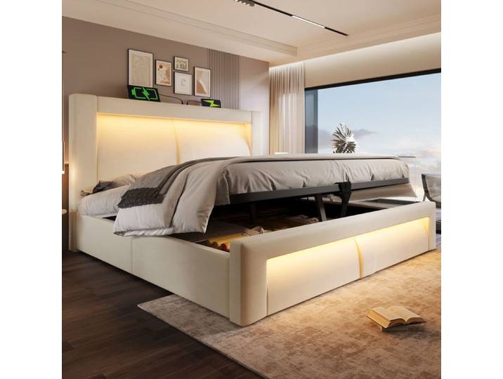 Lit 140x200 avec Rangement - Lit Double avec LED RGB App - 4 Stations Charge USB Type-C - Tête de Lit Coffre - Beige