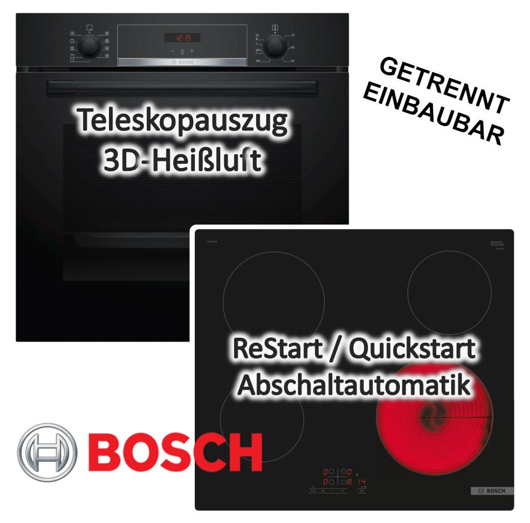 Herdset BOSCH Backofen EcoClean Teleskopauszug + Kochfeld Glaskeramik 60 cm autark