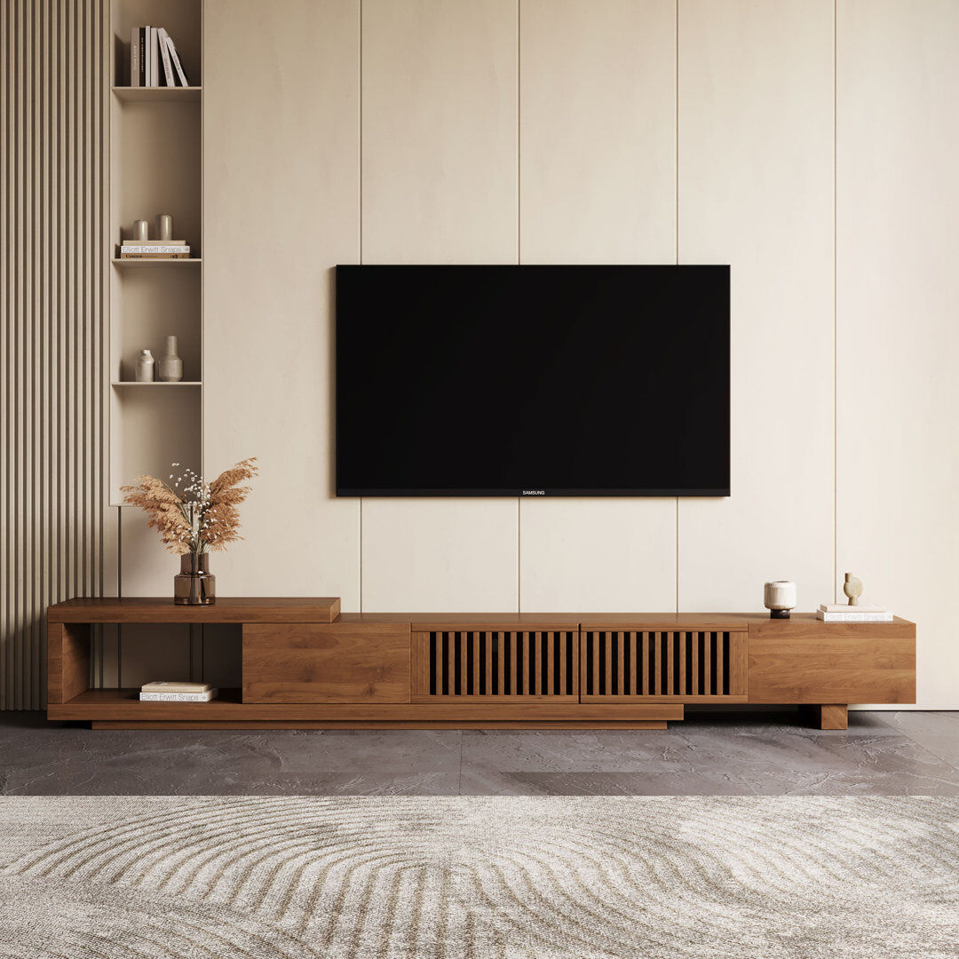 Brayden Studio Expandable TV Stand Cabinet (2m-2.6m), Modern Slatted Walnut Finish, for 75-100 Inch TVs, Large Media Unit with Cable Ports & Ample Storage for Livin walnut 88"