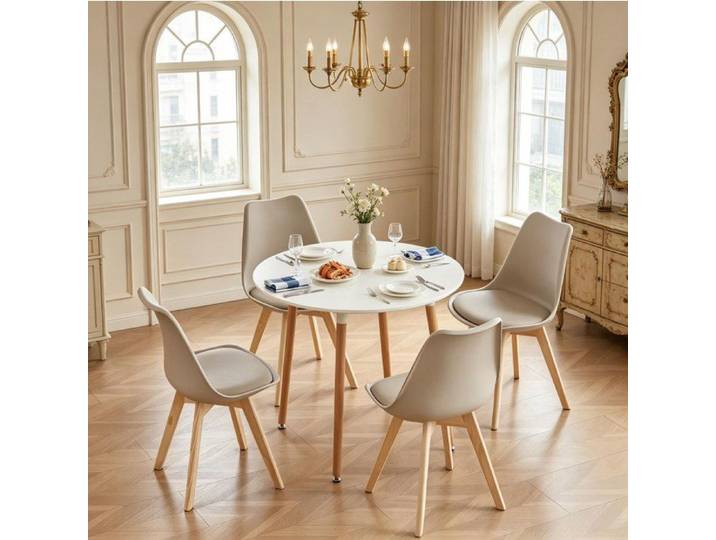 Ensemble Table Ronde 1pc + 4 Chaises Cuisine Moderne - Design Scandinave Blanc Bois 80x80x75cm