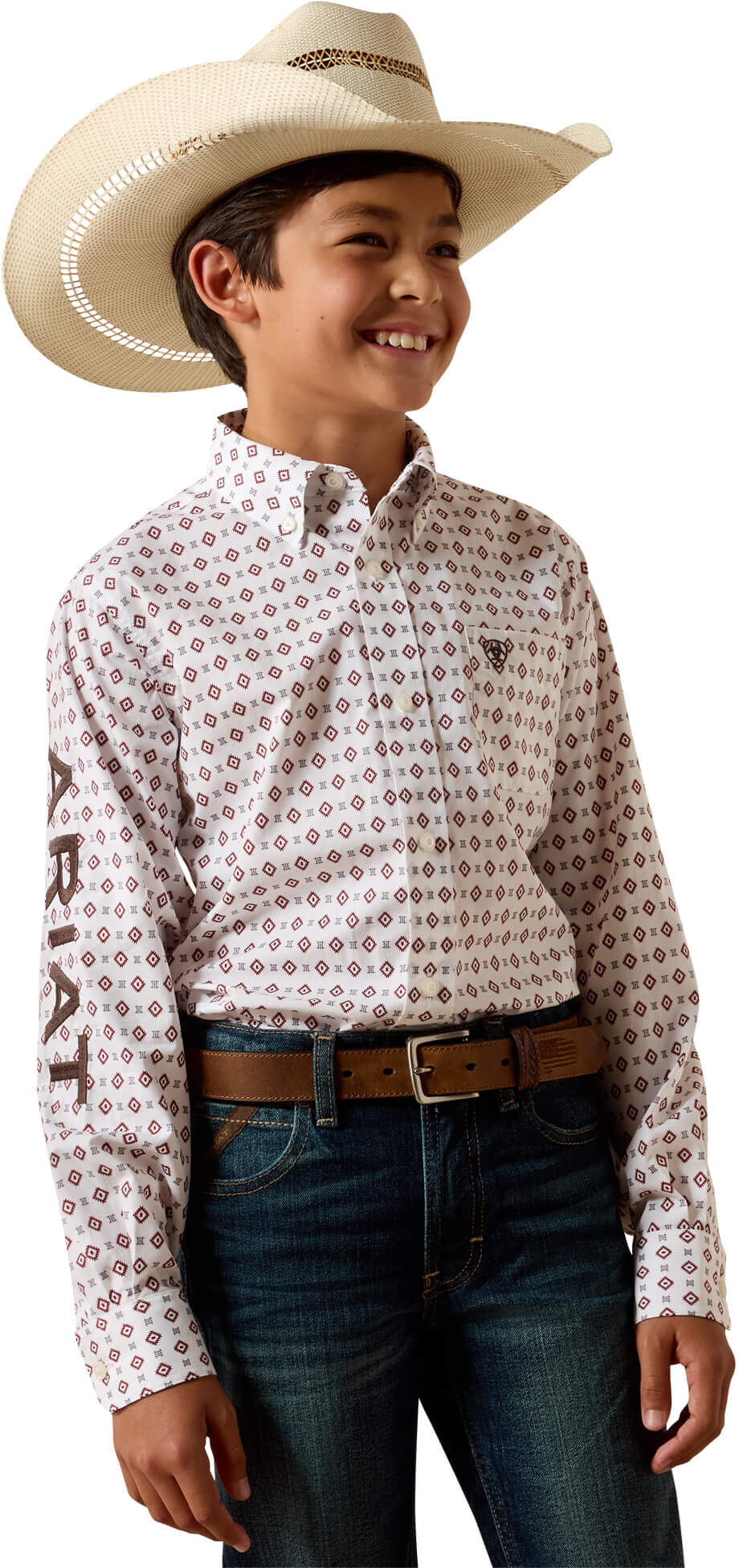 Kid's Team Dallas Shirt in White Geo Print Black, Size: Small by Ariat