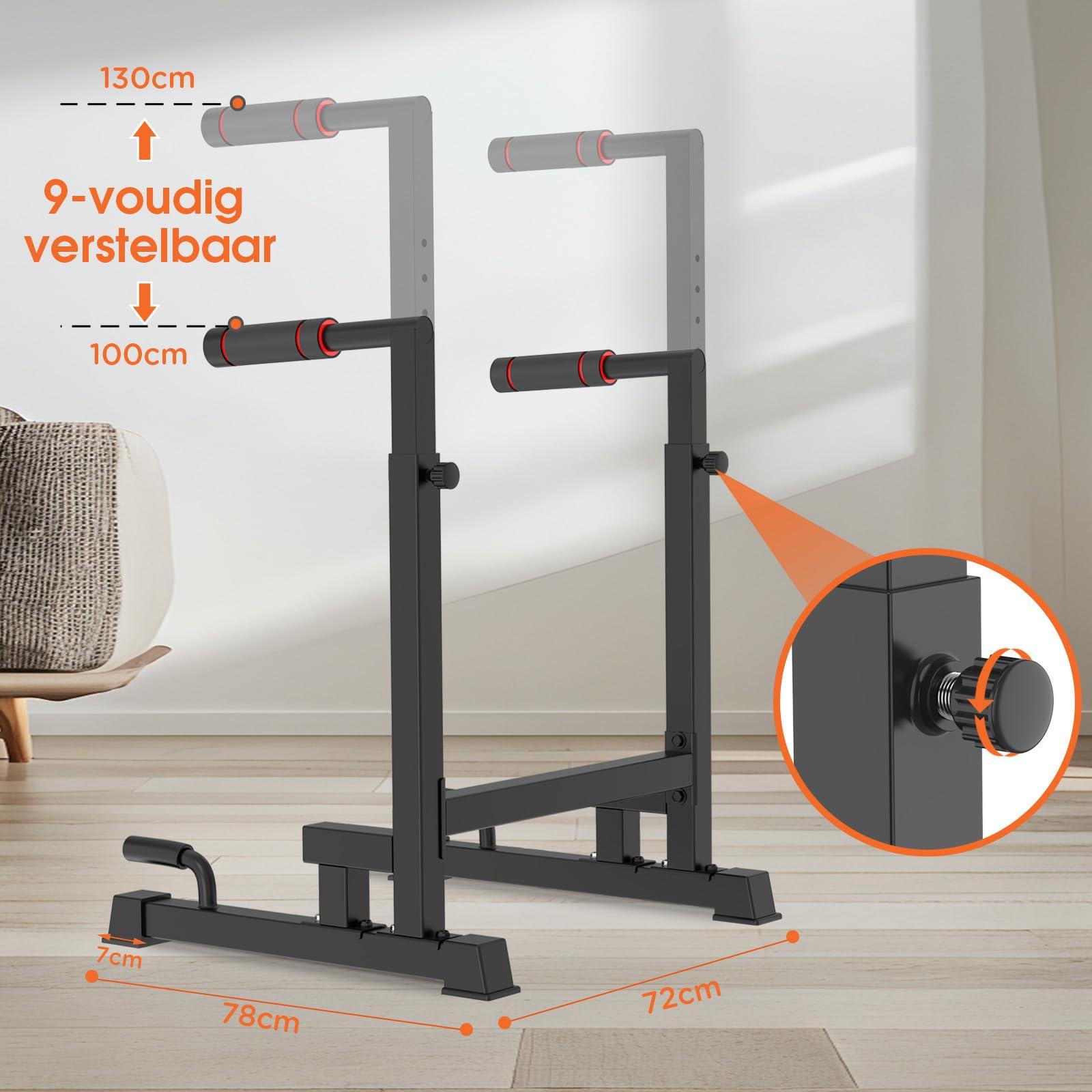 Verstellbare Dip-Barren - 9 Höhen, 100-130 cm - Gewichtskapazität: 200 kg - Legierter Stahl - Schwarz