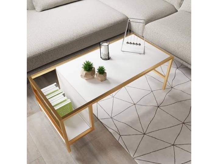 Hanah Home Elegant Coffee Table, White & Gold, 110 x 60 x 50 cm 100% Melamine Coated Particle Board, 18 mm Thick Durable Electrostatic Powder Coated Metal Legs