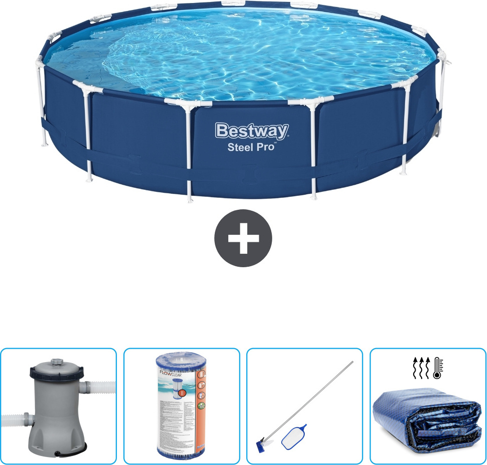 Bestway Round Steel Pro Swimmingpool - 396 x 84 cm - Blau - inklusive Pumpe Filter - Reinigungskit - Sonnensegel