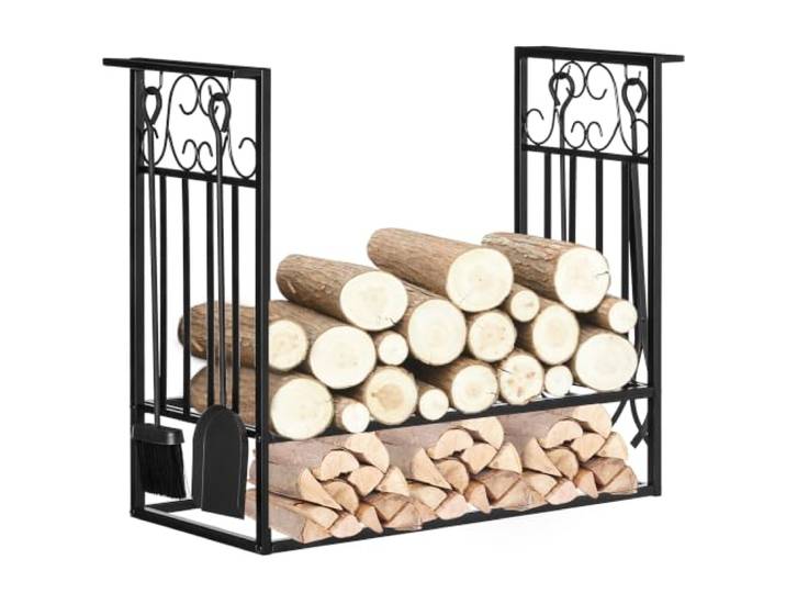 HOMCOM Porte-bûches Serviteur de Cheminée 75L x 30l x 60H cm Acier Noir Range Bûches\, Étagère à Bois de Cheminée\, Multi-Accessoires