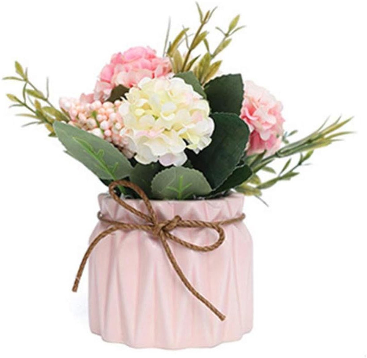 Nep Hortensia in Keramische Vaas - Roze Kunstbloem voor Kantoor Decoratie - Hoogte: 14 cm