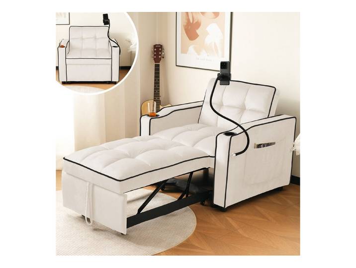 Merax Schlafsofa mit 3-in-1 Bettfunktion, 1 Teile, Loungesessel mit Getränke- & Handyhalter, Ausziehbares Sofa Liegestuhl