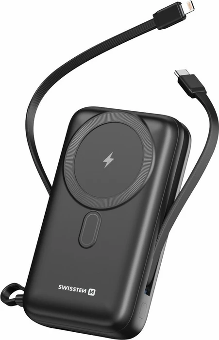 Swissten Power Bank 20000 mAh PD 20W mit integriertem USB-C und Lightning Kabel, MagSafe