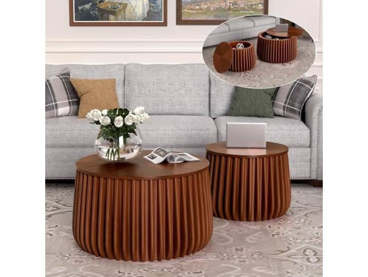 DAXUESEH Runder geriffelter Couchtisch 2er Set mit Aufbewahrung Verschachtelte Couchtische mit abnehmbarem Deckel Mid Century Modern Wooden End Table für Wohnzimmer