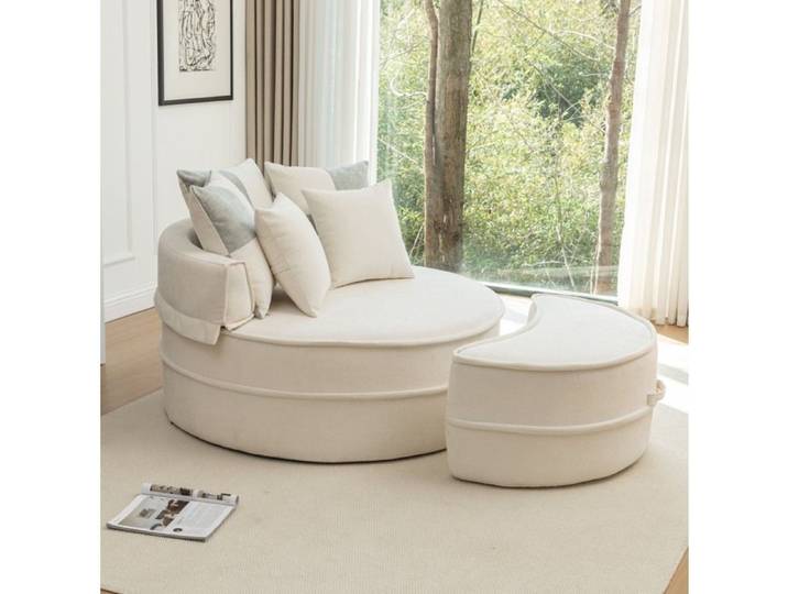 WOVREO fauteuil rond 1 place avec ottomane et 5 coussins chenille beige sans montage