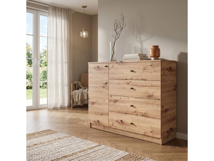 Masseno Kommode NATURIO 120 cm Sideboard mit 4 Schubladen und 1 Türen für Wohnzimmer Modern 120x40x87 cm Eiche Artisan