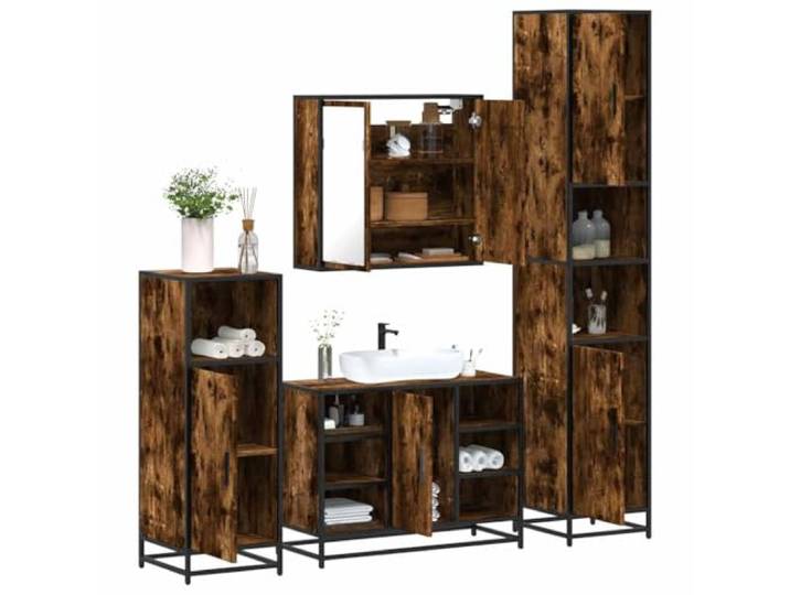 WEMYUFURN 4-TLG. Badmöbel-Set Räuchereiche Holzwerkstoff mit Metallgestell Waschbeckenunterschrank, Spiegelschrank, Lowboard, Wandmontage, feuchtigkeitsbeständig, Industrie-Design