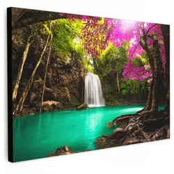 LEINWANDBILD Wasserfall mit bunten Blumen und Bäumen - Natur - Dschungel Deko Schlafzimmer 30x20 cm