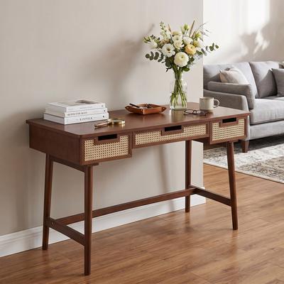 Kodotan sofa "51""Rattan Wooden Writing Desk with 3 Rattan Drawers, Multi Functional Workstation Vanity Console Table with Anti-Tipping Design"