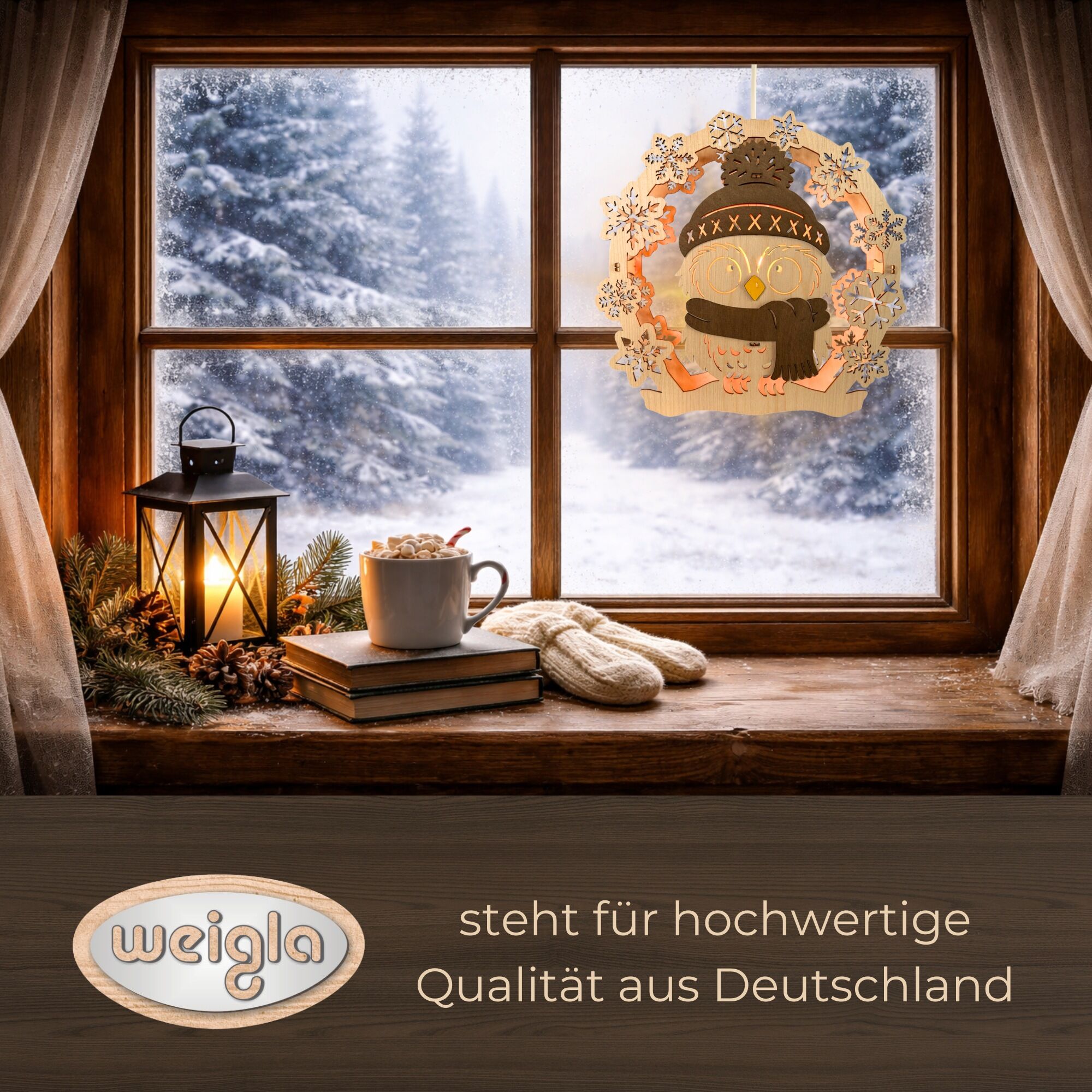 LED Dekolicht WEIGLA "Wintereule, beleuchtetes Fensterbild, NATUR-BRAUN", natur, braun, B:30,5cm H:30cm T:6cm, Leuchten, LED Dekolicht, Holzkunst aus dem Erzgebirge