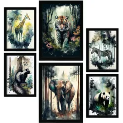 POSTER Set Mit 6 Wilde Welt Illustrationen Von Tieren In Naturlandschaften A3 & A4 Rahmenlos
