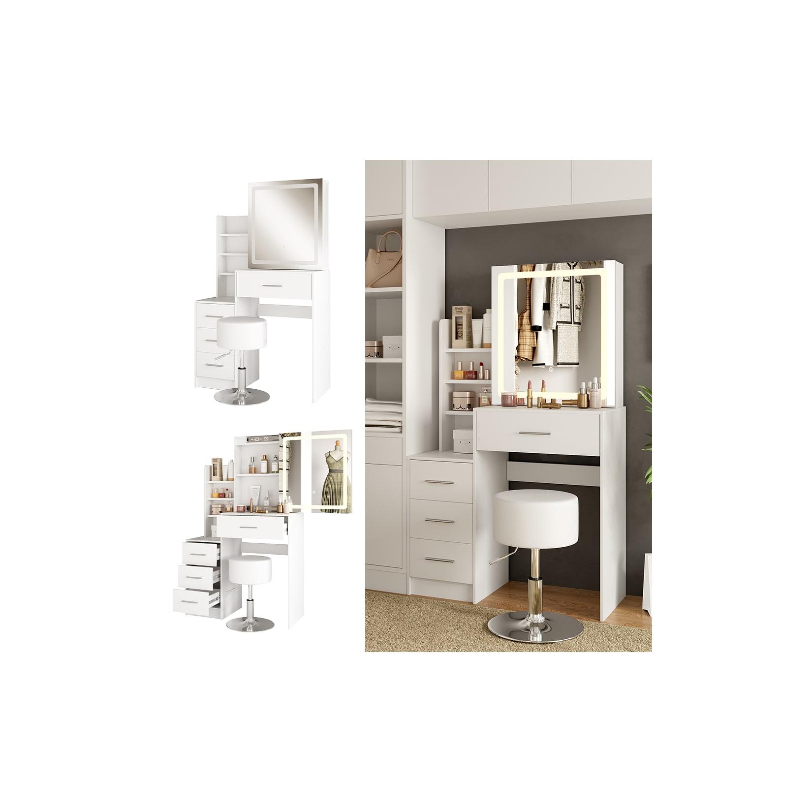 Vicco Schminktisch Lisca Weiß 80 cm mit LED-Spiegel und Hocker