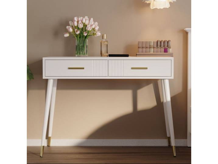MEULVA Coiffeuse sans miroir 100 x 40 x 76 cm avec 2 tiroirs blanche peut aussi servir de bureau