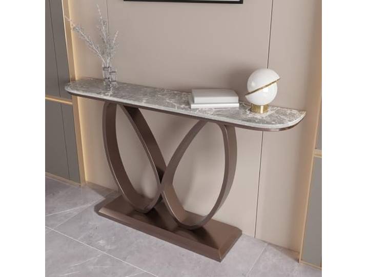 LJWFZBD Schmaler Konsolentisch, Sintersteinplatte, Metallrahmen für Eingang Sintersteinplatte, Kratzfest, Schmaler Flurtisch, Modernes Design, Stabile Konstruktion(Brown+Gray,59.1 (150cm))