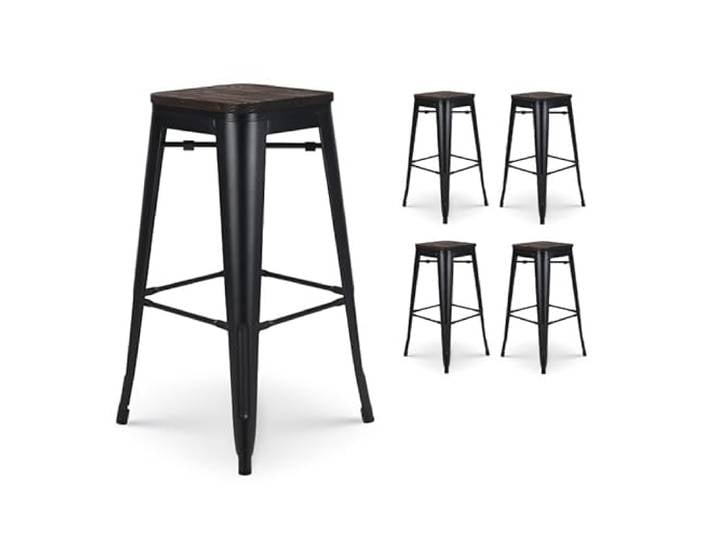 Kosmi - Barhocker aus Metall, Schwarz, matt, Industriestil und Sitzfläche aus dunklem Holz, Höhe 76 cm, 4 Stück