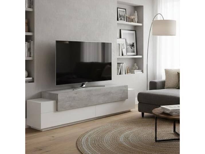 Dmora - TV-Schrank Teo, niedriges Wohnzimmer-Sideboard, Fernsehständer-Basis, 100 % Made in Italy, 200 x 45 x 52 cm, glänzendes Weiß und Zement,