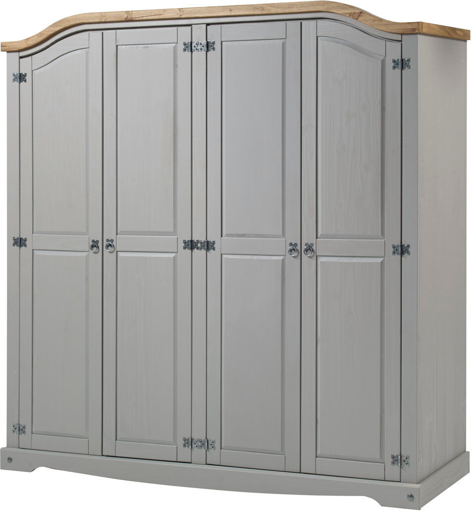 Mercers Furniture Corona Grey Wax Furniture 4 Door Solid Wood Wardrobe Grey 190cm H X 191cm W X 51cm D