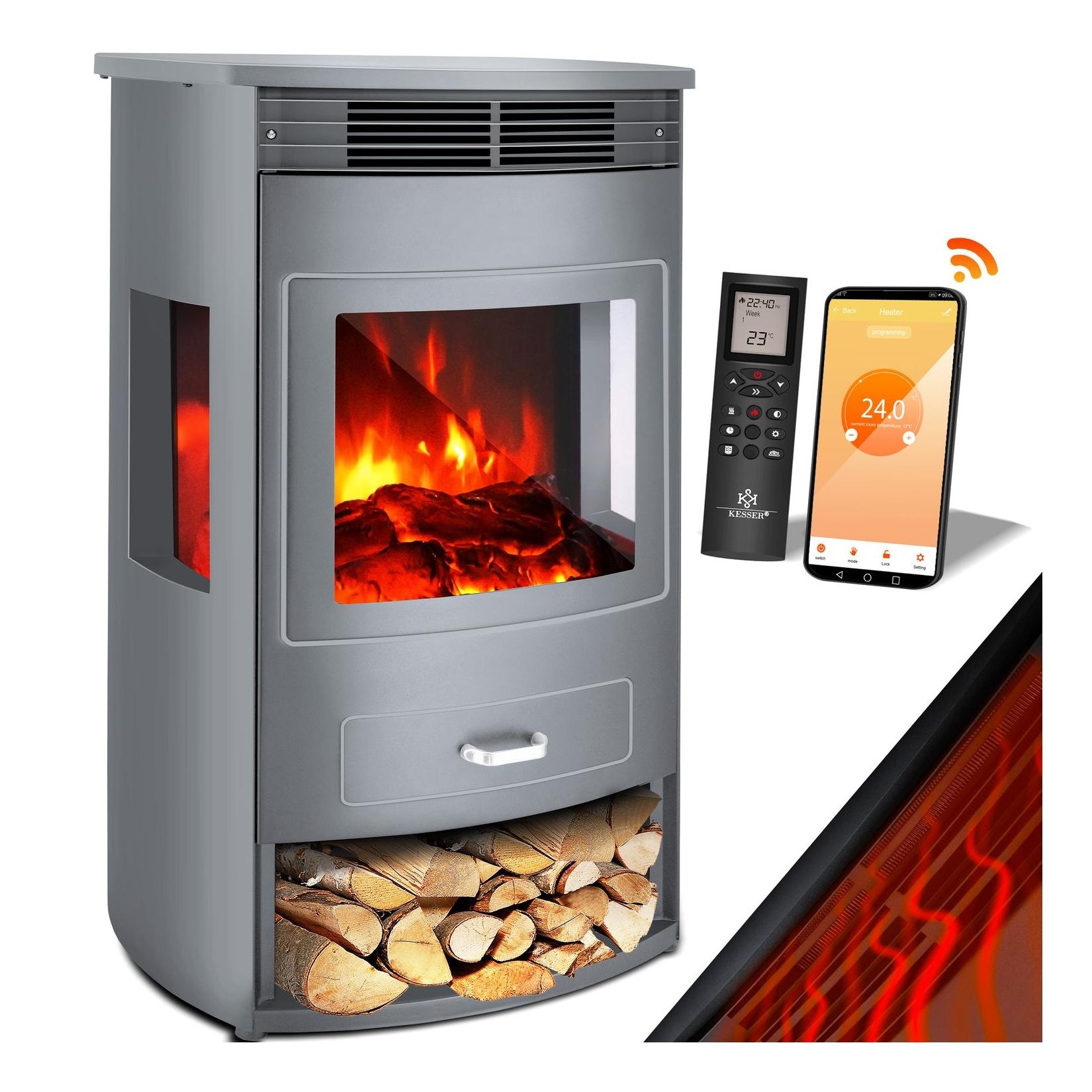 KESSER® Prio Elektrokamin mit Heizung Heizlüfter Fernbedienung WiFi App 950/1900 W Kamin elektrisch LED-Flammeneffekt Kaminfeuer Elektro Kamin mit Thermostat Panorama-Sichtfenster Heizfunktion Timer