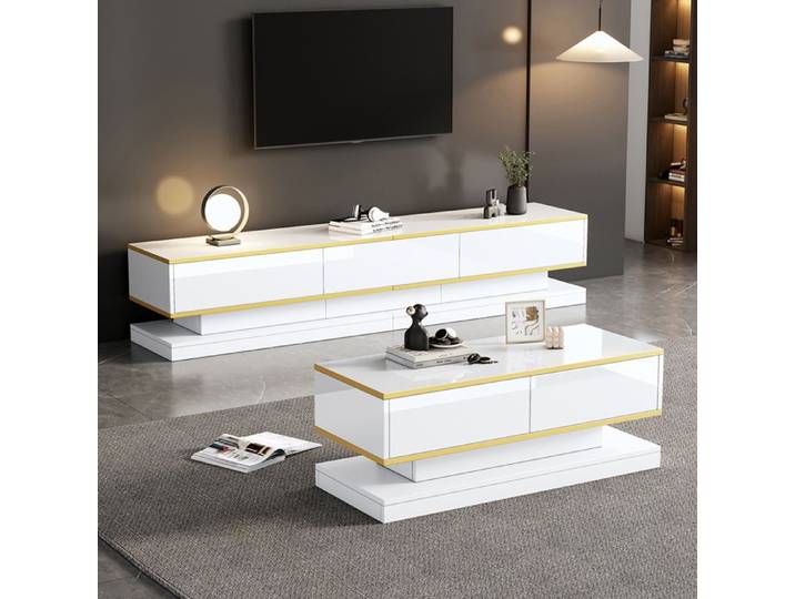 Ensemble meuble TV - TV 200x40 + table basse 100x50 - Blanc brillant - Finitions dorées - 3+2 tiroirs