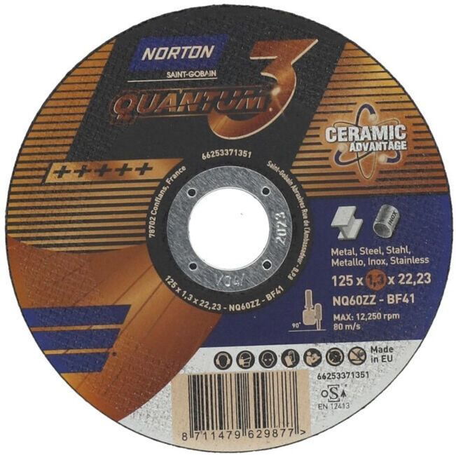 Norton QUANTUM Disque de coupe métal 3 couches, droit 125x1,3x22,23 ; Saint-Gobain (66253371351)