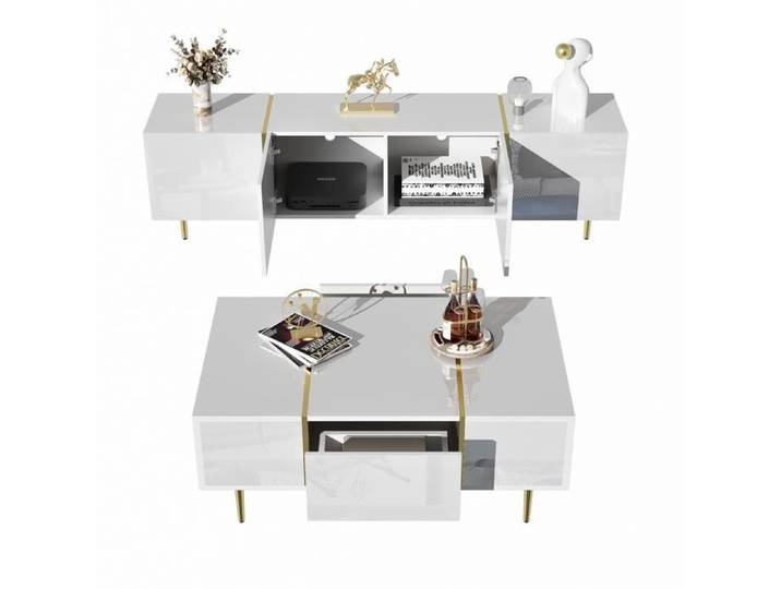 Meuble TV brillance et ensemble de table basse moderne Armoires de rangement Blanc
