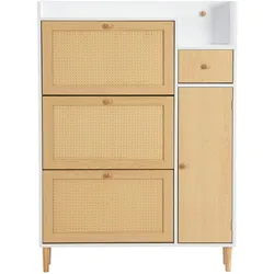 SCHUHESCHRANK Rattan Flach Weiß & Natur Mit 3 Kipp-Türen & 1 Schublade
